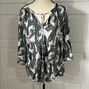 Rose & Olive Women’s Teal and White Paisley Blouse 3/4 Sleeves XL Tassel Detail